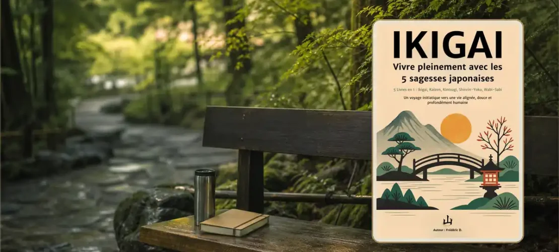 Banc en forêt japonaise avec le livre IKIGAI – Vivre pleinement avec les 5 philosophies japonaises