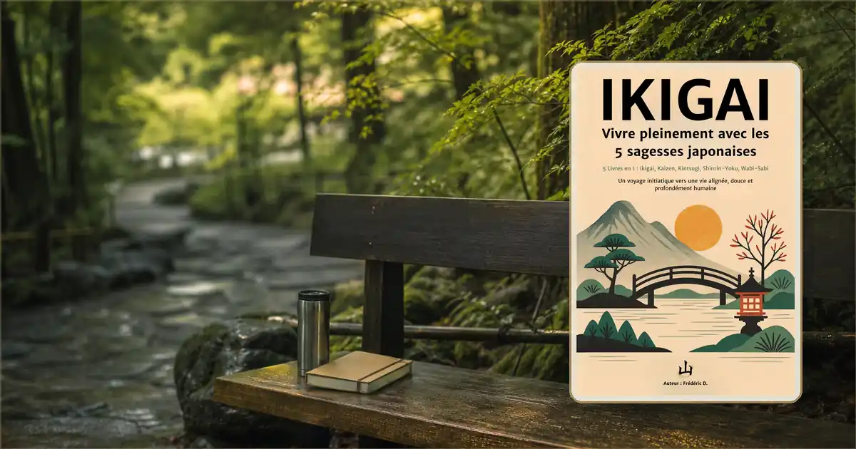 Banc en forêt japonaise avec le livre IKIGAI