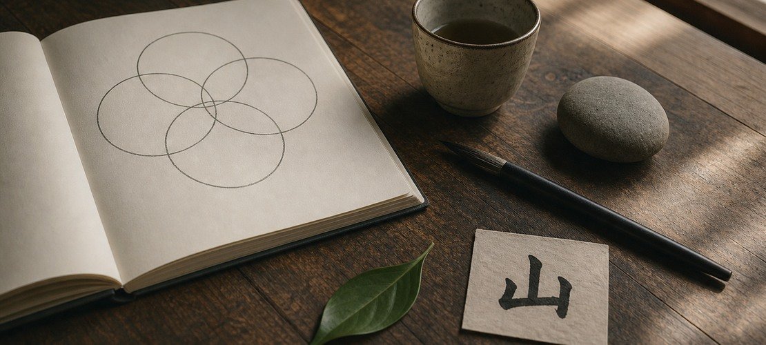 Carnet ouvert sur l’Ikigai avec carte japonaise marquée du kanji 山