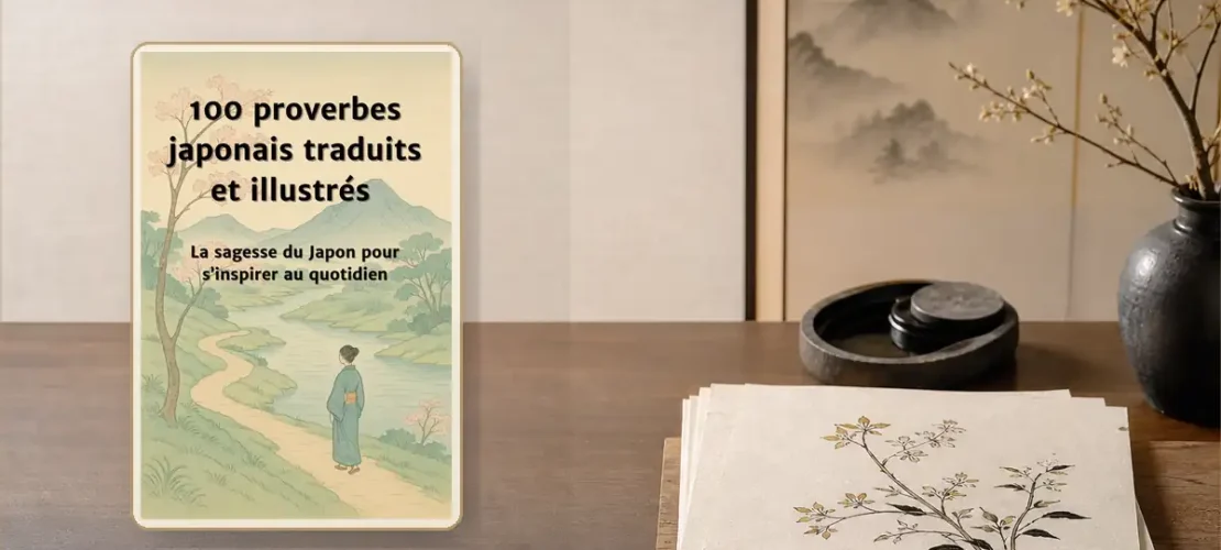 Table japonaise avec pinceau, papier washi et le livre 100 proverbes japonais traduits et illustrés