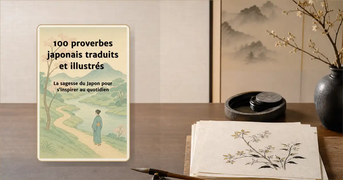 Table japonaise avec pinceau, papier washi et livre de proverbes