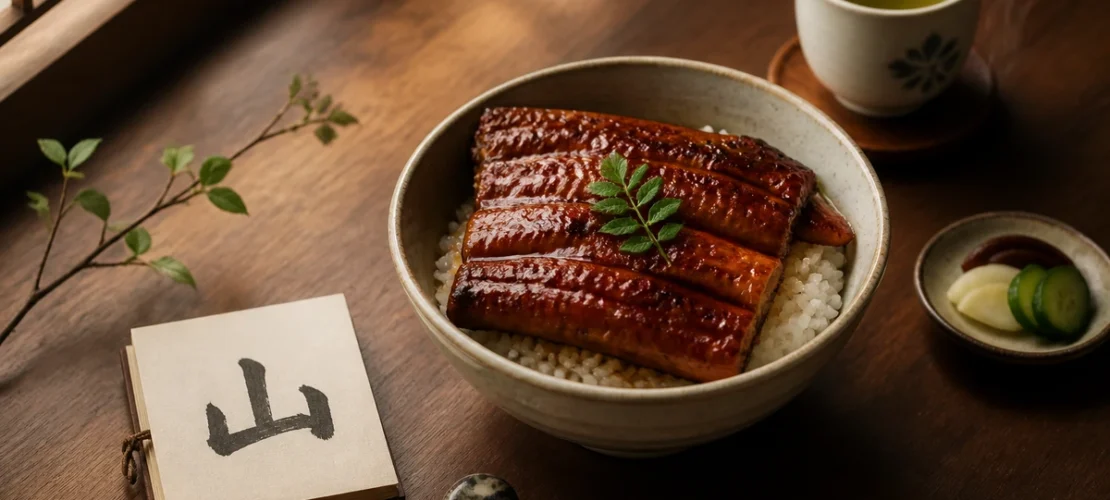 Bol d’unagi don sur une table japonaise avec une carte calligraphiée du kanji yama