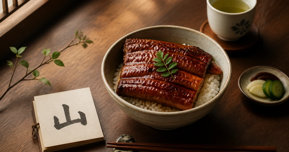Bol d’unagi don sur une table japonaise avec une carte calligraphiée du kanji yama
