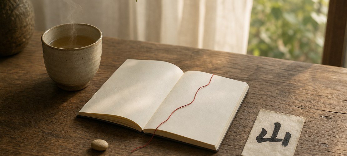 Table de thé, carnet ouvert, fil rouge et kanji 山
