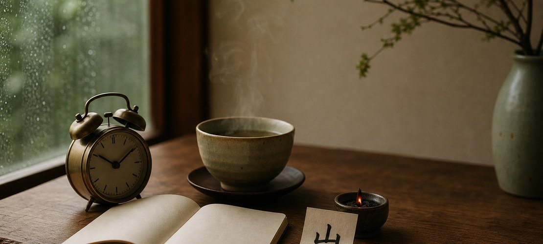 Table du matin avec thé, carnet, braise et kanji 山