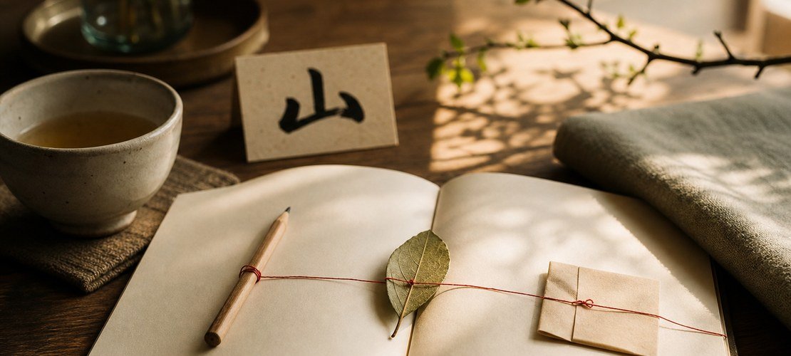 Carnet ouvert, thé, fil rouge et kanji 山