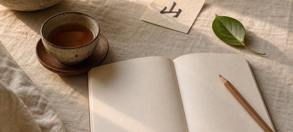 Table de thé, carnet ouvert, lumière du matin et kanji 山