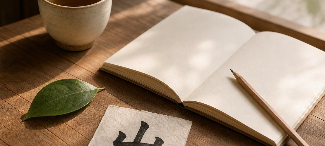 Table de thé, carnet ouvert, feuille et kanji 山