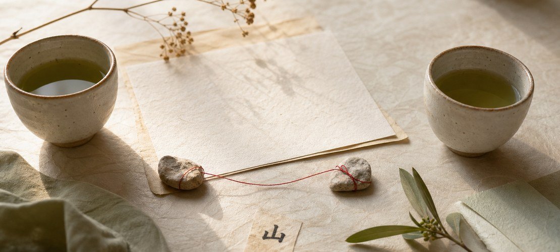 Deux tasses de thé, fil rouge, papier washi et kanji 山
