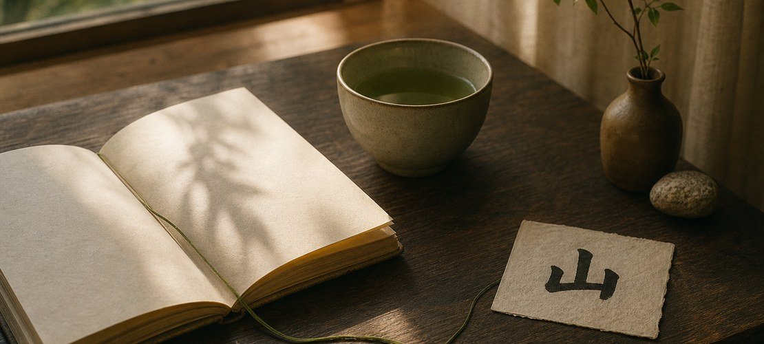Table du matin avec thé, carnet, fil et kanji 山