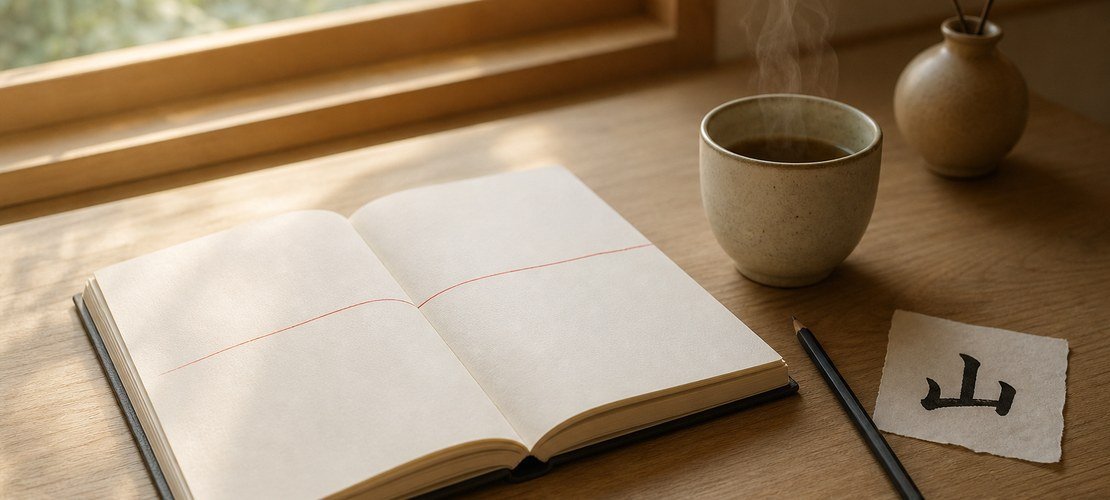 Carnet ouvert, thé, ligne rouge et kanji 山