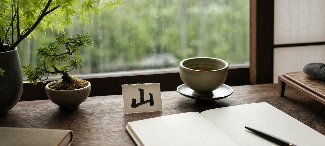 Fenêtre de pluie, plante verte, carnet et kanji 山