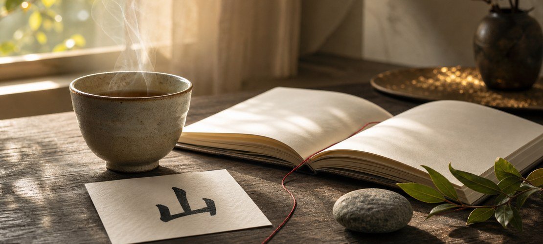 Table du matin avec thé, carnet, fil rouge et kanji 山