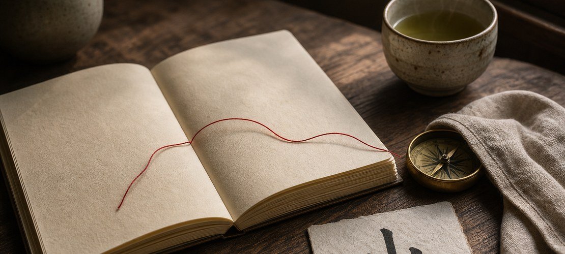 Carnet, thé, boussole et kanji 山