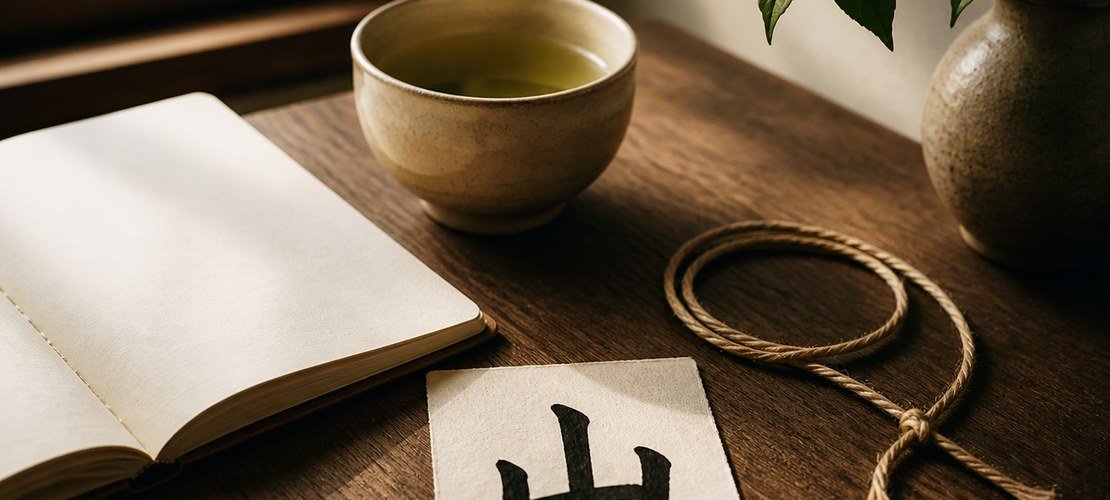 Carnet, thé, fil rouge et kanji 山