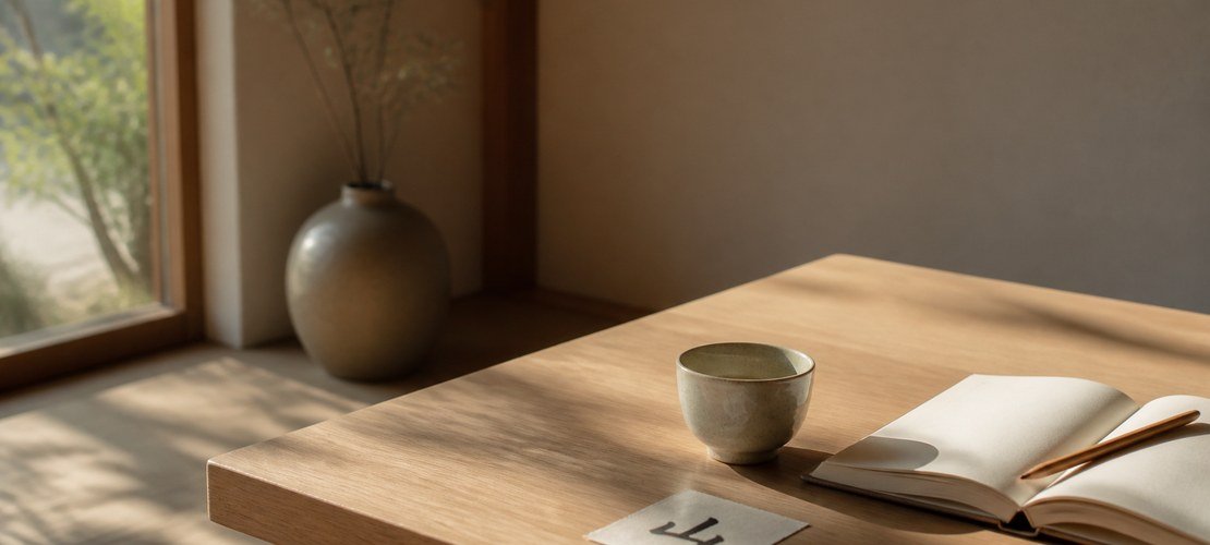 Table japonaise minimaliste avec thé, carnet et kanji 山
