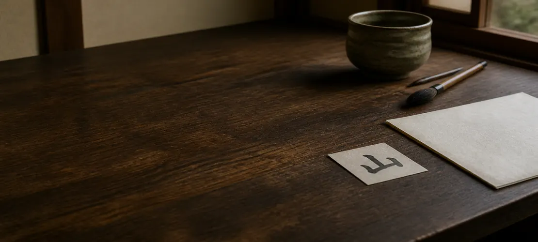 Surface vide, tasse de thé et kanji 山