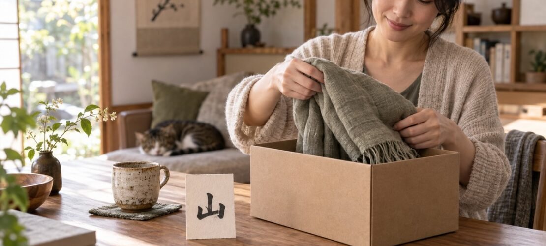 Femme transmettant un cadeau, tasse en céramique et carte au kanji 山