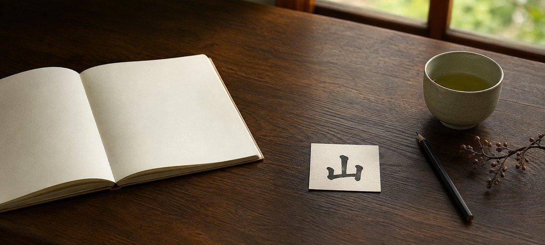 Agenda ouvert, thé et carte au kanji 山