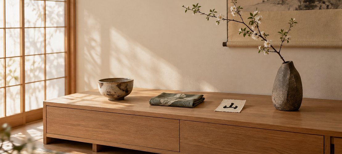 Intérieur japonais épuré avec bol en céramique et carte au kanji 山