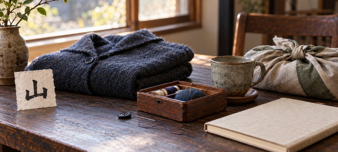 Veste entretenue, boîte à couture et carte au kanji 山