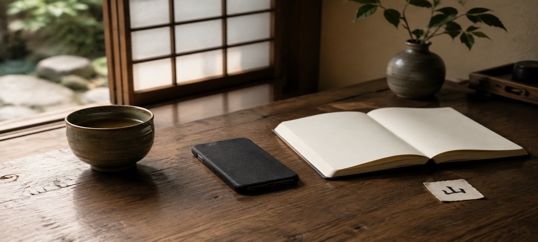 Téléphone silencieux, thé, carnet et kanji 山